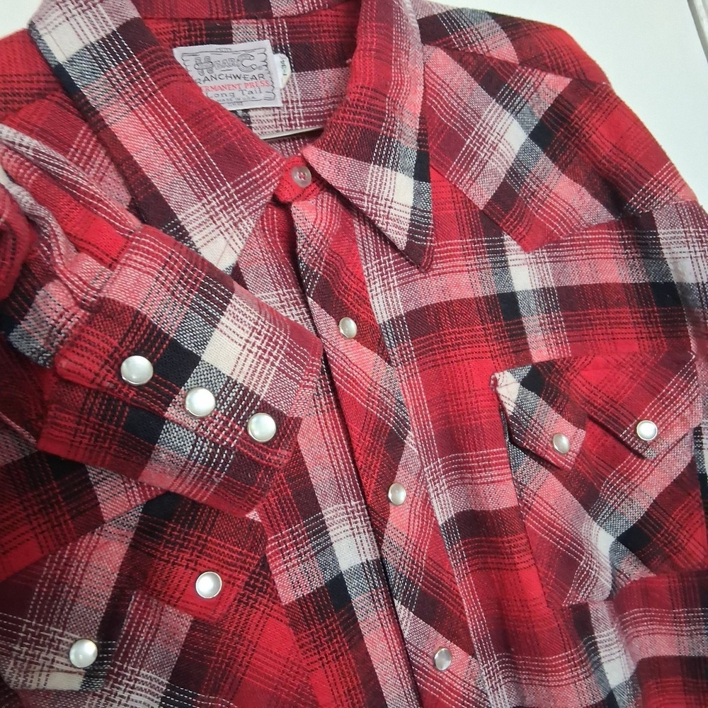 Vtg H Bar C Ranchwear Long Tail Sawtooth Pearl Snap Plaid Shirt Mens Large 60s